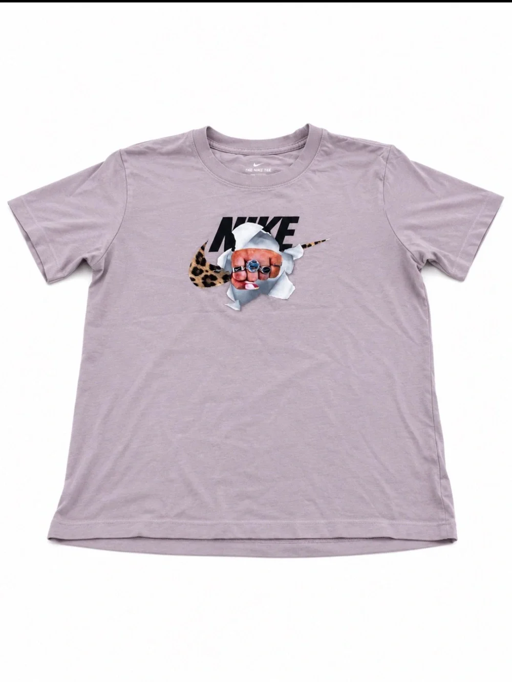 Nike Women’s XL Graphic Tee Pink Lavender Leopard Swoosh Fist Short Sleeve